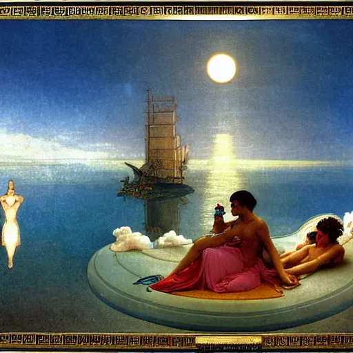 Image similar to Floating palace, refracted sparkles of the moon, thunderstorm, greek pool, beach and Tropical vegetation on the background major arcana sky, by paul delaroche, alphonse mucha and arnold böcklin, hyperrealistic 8k, award-winning, very very very detailed