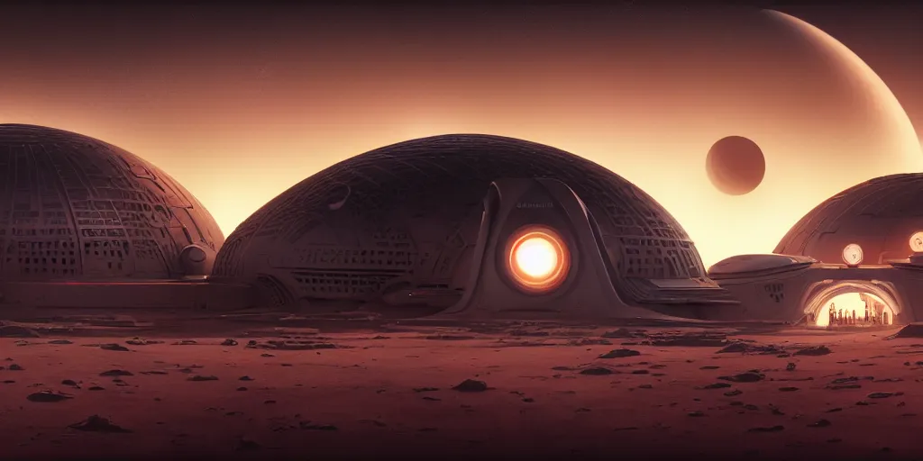 Image similar to futuristic space station in the red desert 3 d concept art, cinematic lighting, mad max, intricate details, lonely astronaut, building by zaha hadid, pastel orange sunset, emissary space by arthur haas and bruce pennington and john schoenherr, cinematic matte painting, dark moody monochrome colors, trending on artstation, featured on behance