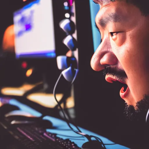 Image similar to Photo of Genghis Khan, wearing a headset, playing the game League of Legends, close-up, bored, sleep deprived, screaming, high detail, studio, 85mm Sigma Art Lens