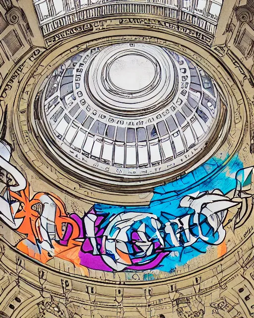 Image similar to manga color drawing of a giant anarchist graffiti on the dome of the capitol building, epic photography, dystopin future , 8k