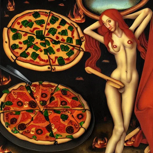 Image similar to skinny lady with red hair covered by pizzas in Hell, painted in style of Hans Memling