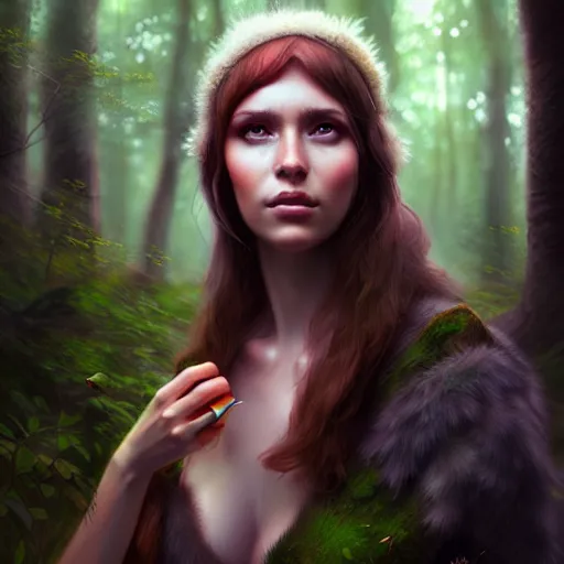 Image similar to a pretty female druid surrounded by forest animals, in the woods, hyper realistic, digital painting, photorealistic, in the style of greg rutkowski, detailed face