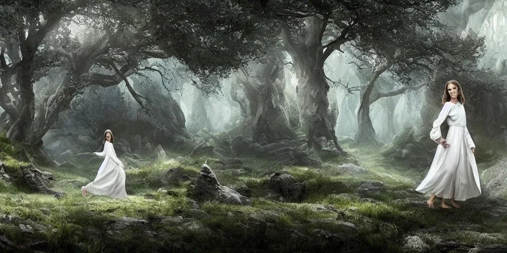 Prompt: a fantasy landscape with white beautiful trees, jesus christ, emma watson, perfect faces