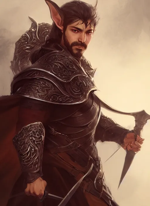 Prompt: Half-body portrait of a handsome elven knight with black facial hair. Swords are levitating beside him. In style of Hyung-tae Kim and Greg Rutkowski, concept art, trending on ArtStation, Korean MMORPG, over-detailed art, 8K, epic, dynamic lightning, dramatic pose.