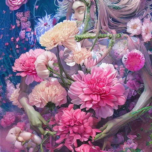 Image similar to a wild group of huge flowers, flowers with very long petals, glowing, vivid, detailed painting, by James Jean and Ross Tran, masterpiece, award winning painting