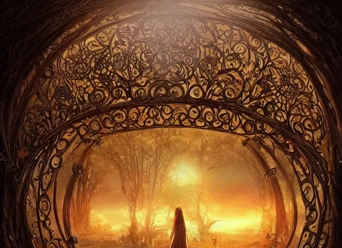 Image similar to large rustic intricately decorated cast iron gate, a view to an eerie fantasy world, golden glowing sphere, ethereal back light, mist, coherent composition, detailed fantasy painting by artgerm, noriyoshi ohrai, yuumei