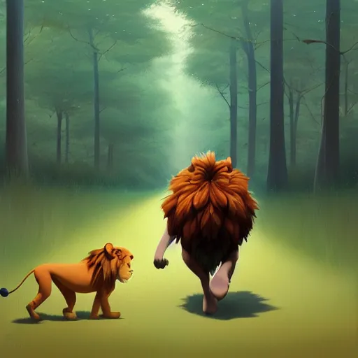 Image similar to goro fujita ilustration a real life lion walking in the forest, painting by goro fujita, sharp focus, highly detailed, artstation