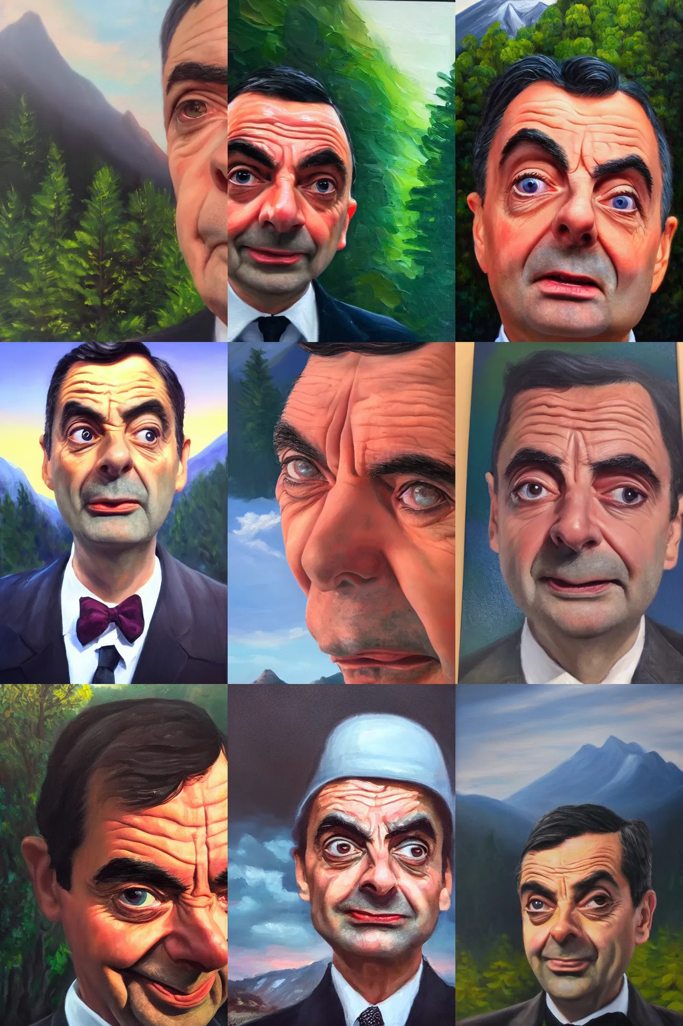 Prompt: up close portrait of mr bean, face, gorgeous lighting, dramatic lighting and composition, award winning oil painting, mountain forest in background