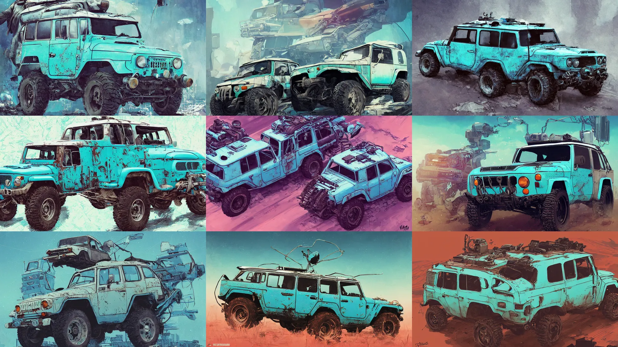 Image similar to digital illustration of a futuristic faded cyan mad max's fj 4 0 decrepit!!!! pursuit special, rusty!!! cyberpunk nissan fj cruiser heavily modded 1 9 9 0 s, the last v 8 interceptor by makoto shinkai, ilya kuvshinov, lois van baarle, rossdraws, basquiat