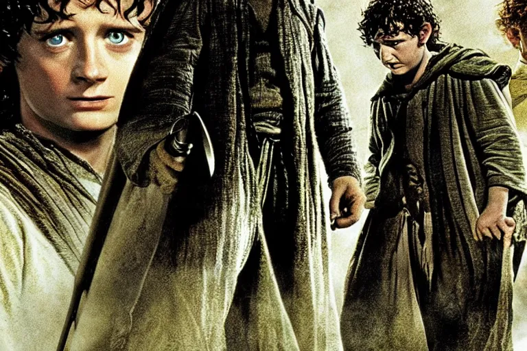 Prompt: lord of the rings directed by david fincher, frodo and samwise alone together in the style of h. r. giger walking down a dirt track