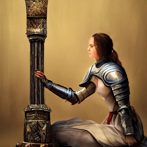 Image similar to a female knight kneeling in front of an alter, artstation hall of fame gallery, editors choice, #1 digital painting of all time, most beautiful image ever created, emotionally evocative, greatest art ever made, lifetime achievement magnum opus masterpiece, the most amazing breathtaking image with the deepest message ever painted, a thing of beauty beyond imagination or words