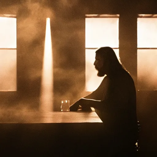 Image similar to a still of jesus sitting down on a stool at the bar, last call. it's dark and smoky. god rays through fog.