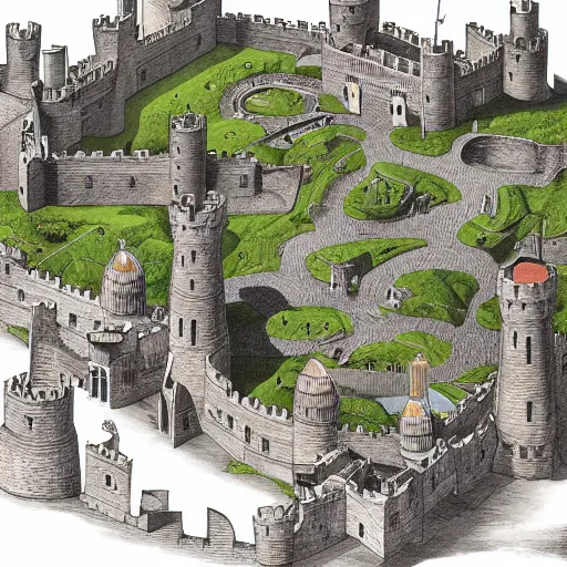 Image similar to an isometric view of medieval castle in the middle of england, illustration, art, hyper detailed