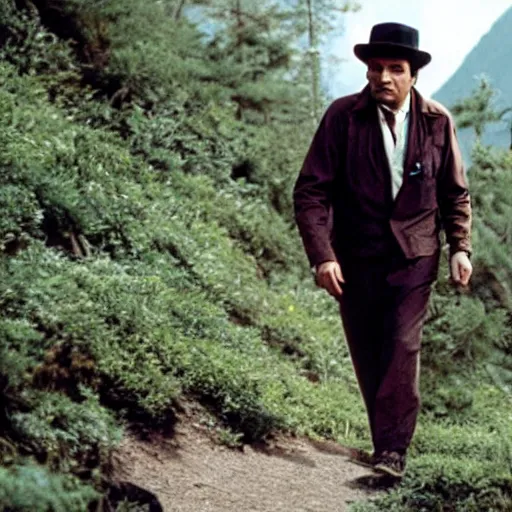 Prompt: still image of detective columbo hiking