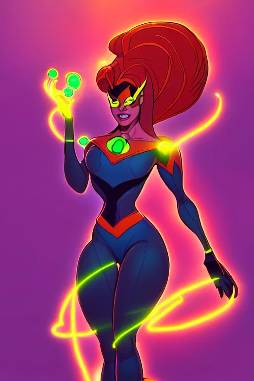 Prompt: a supervillainess with atomic powers, glowing energy effects, full color digital illustration in the style of don bluth, artgerm, artstation trending, 5 k