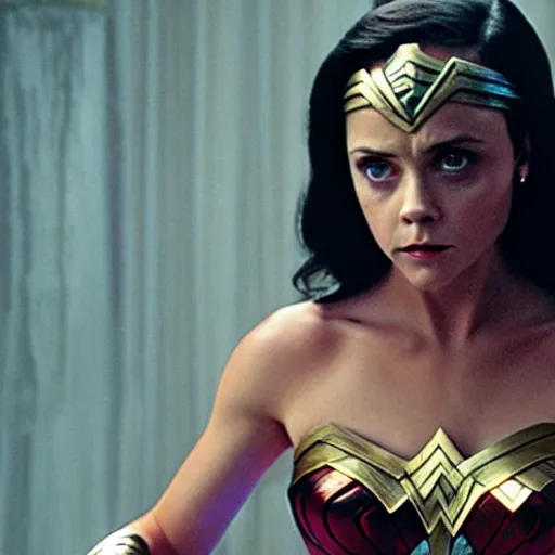 Prompt: film still of Christina Ricci playing Wonder Woman, 4k