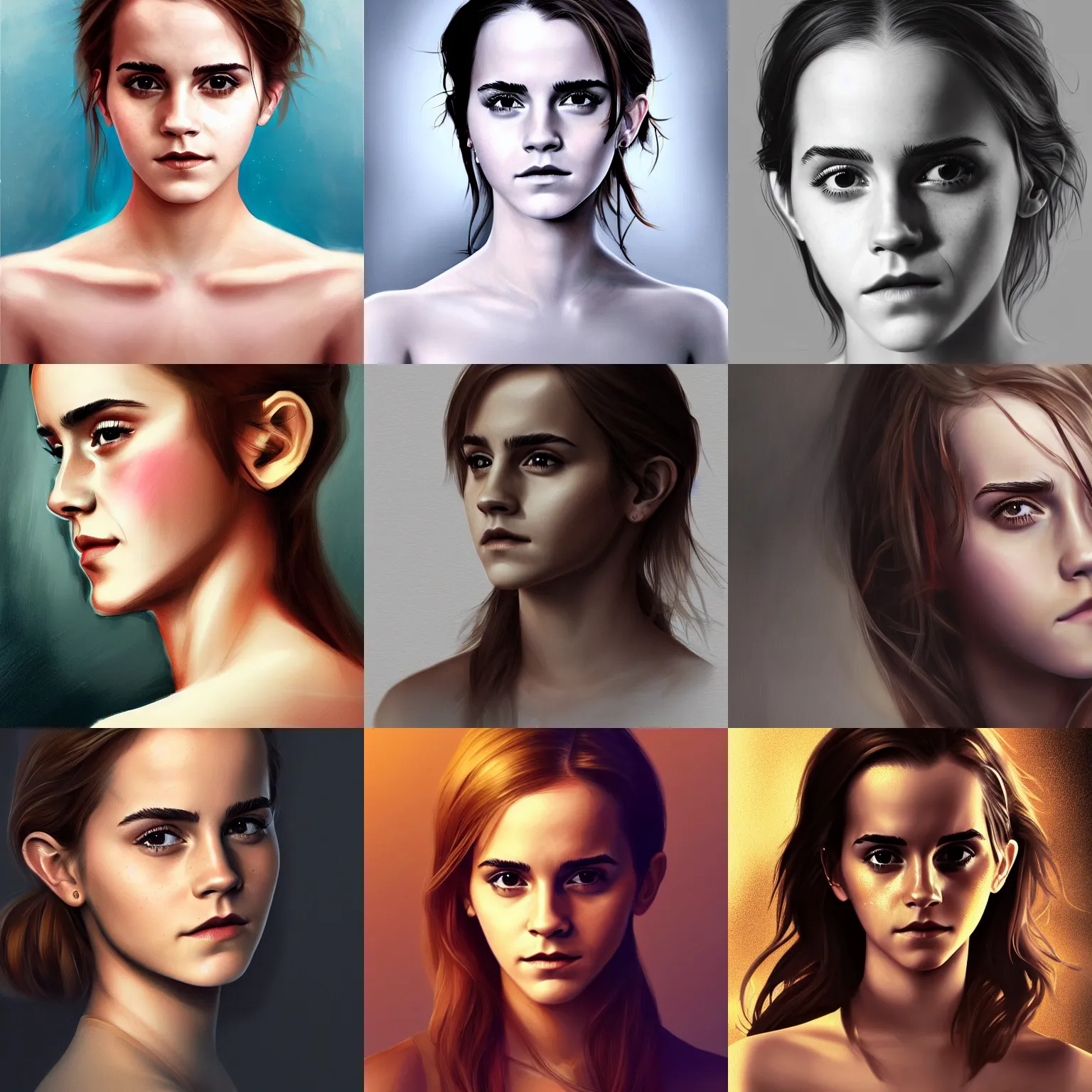 Prompt: Emma Watson portrait, digital painting, Asian face, cinematic lighting, golden and glowing eyes, hyper-detailed, symmetrical, beautiful, trending on artstation, elegant, sharp focus