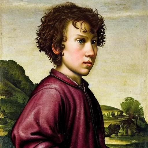 Prompt: caucasian boy age 11, with a curly mullet and brown eyes, renaissance portrait, vinatge painting royal painting