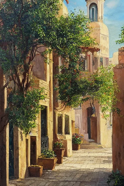 Prompt: painting of view of old European city with mix of middle eastern architecture fusion, greenary trees between houses, photoreal, stunning atmosphere landscape painting by Charles Leickert