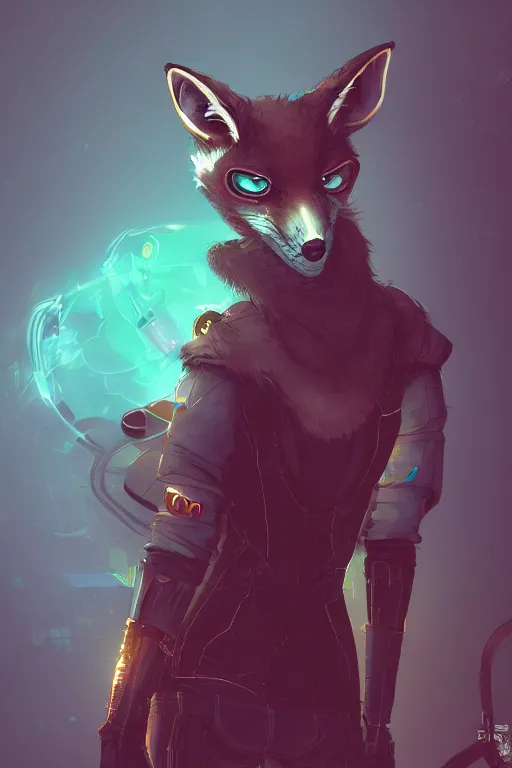 Image similar to an anthropomorphic cyberpunk fox, backlighting, trending on artstation, digital art, furry art, trending on furaffinity, fantasy art, by kawacy