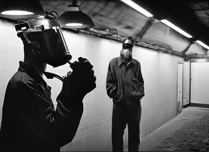 Prompt: welder in welding mask in a subway, ominous lighting, by richard avedon, tri - x pan stock