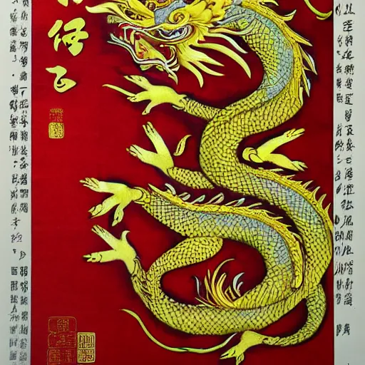 Prompt: oriental white and gold eastern dragon in a traditional chinese art style, red background, detailed