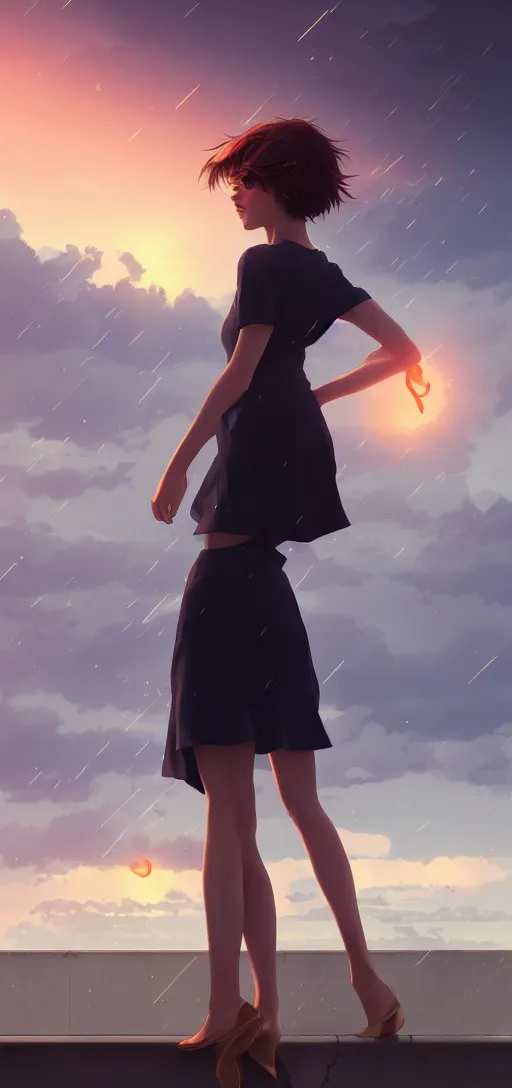 Image similar to a beautiful british woman with short brown hair, gentle, somber amber eyes, standing on a rooftop, storm in the distance, basic clothing, digital art by makoto shinkai ilya kuvshinov and wojtek fus, digital art, concept art,