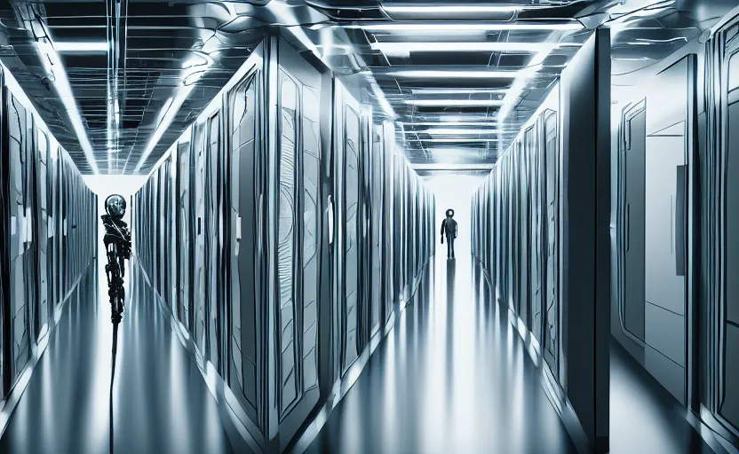 Image similar to terminator without flesh, staying in front of data center room. extreme long shot, high detail, cinematic colors