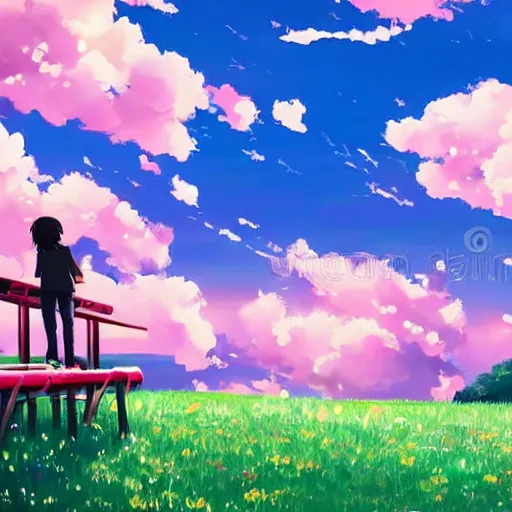Prompt: a beautiful anime style illustration of a girl and a guy sitting on football bleachers, background shot, by makoto shinkai, pink theme, heavenly lighting, breathtaking clouds, blue sky, colourful flowers in garden in side, high polycut, green tall trees