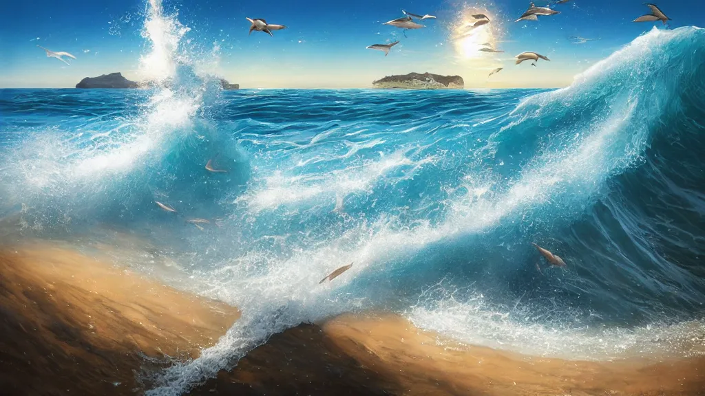 Image similar to first person view of breaking waves on the shore, summer, clear beautiful sky, bright sky, dolphins 🐬 jumping and playing near the shore, peaceful, amazing, by andreas rocha and john howe, and Martin Johnson Heade, featured on artstation, featured on behance, golden ratio, ultrawide angle, f32, well composed