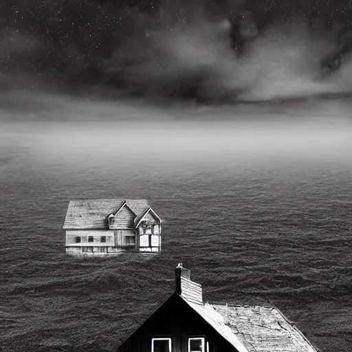 Prompt: old house at the edge of the world, hyperdetailed, photorealistic, moody, surreal, creepy, atmospheric, lsd