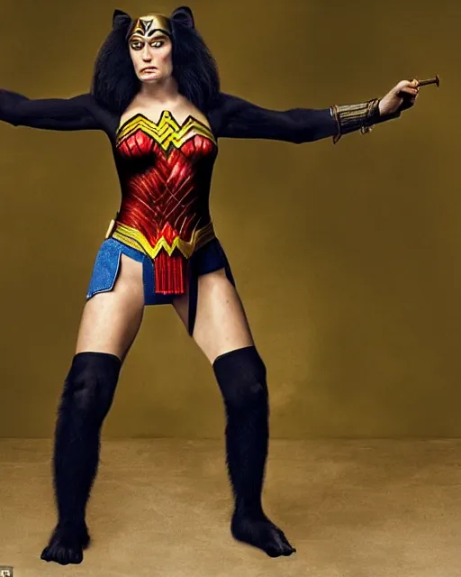 Image similar to A chimpanzee wearing a Wonder Woman outfit, photographed in the style of Annie Leibovitz, hyperreal