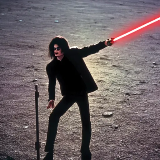 Image similar to Michael Jackson dancing with a lightsaber in Mars