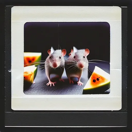 Prompt: “three rats eating cheese and melon pieces on cocktail sticks in the main control room of the Death Star, realistic, Polaroid, f/1.4, 50mm, detailed close up”