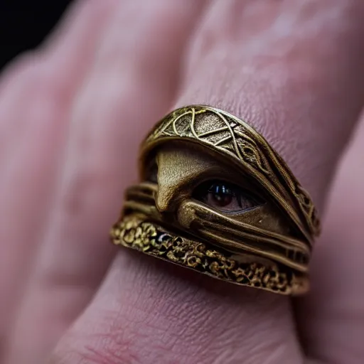 Image similar to closeup shot of replica lotr one ring, ( eos 5 ds r, iso 1 0 0, f / 8, 1 / 1 2 5, 8 4 mm, postprocessed, crisp face, facial features )