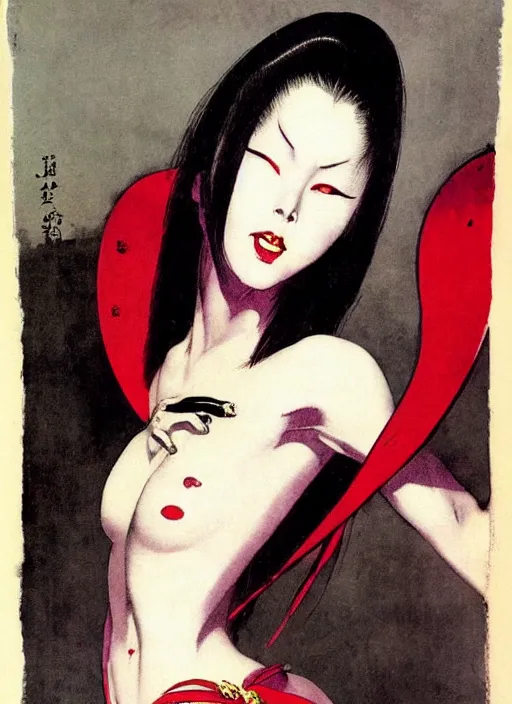 Prompt: portrait of bald korean vampiress, strong line, saturated color, beautiful! coherent! by frank frazetta, high contrast