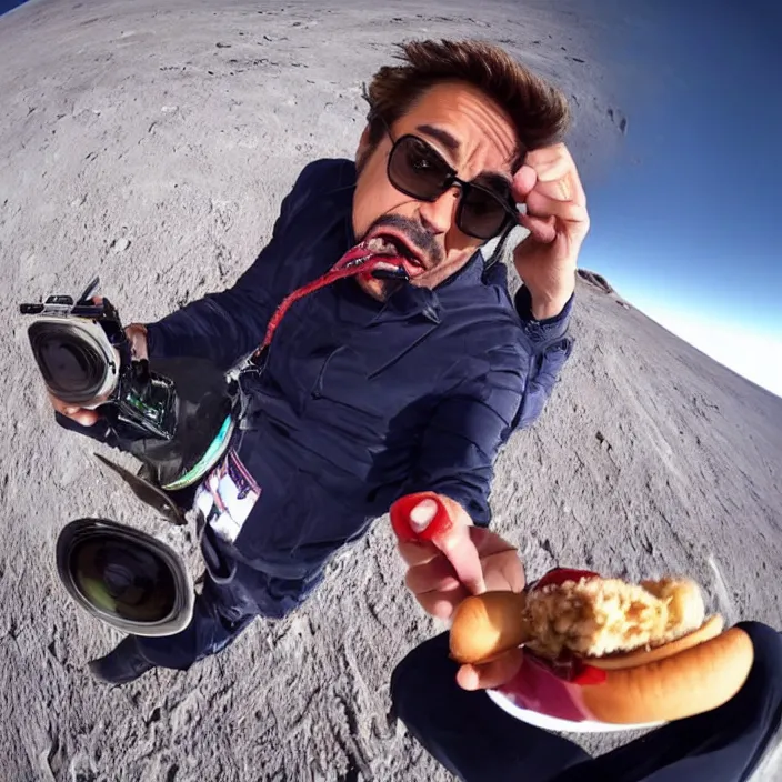 Image similar to robert downey jr eating a delicious hot dog on the moon, gopro selfie with a fisheye lens