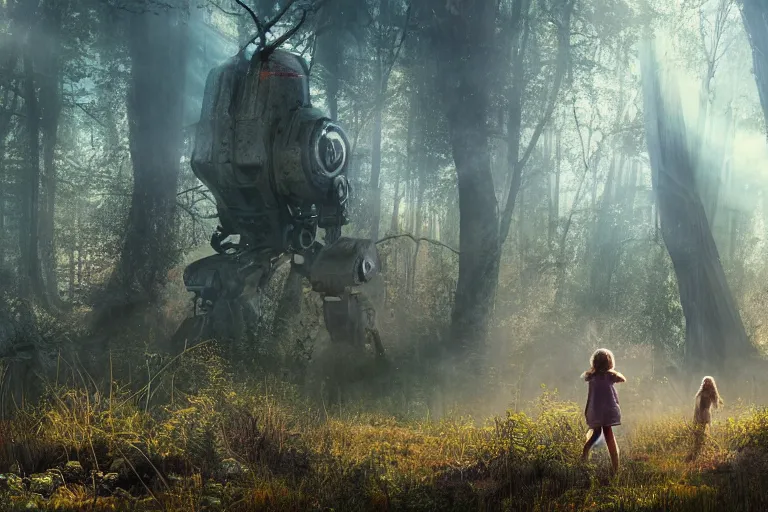 Image similar to the great beyond, sci - fi scene future new york, little girl holding a hand of a big robot, forest punk, crepuscular rays, epic scene, hyper realistic, photo realistic, overgrowth, cinematic atmosphere, ethereal lighting, style of john - waterhouse