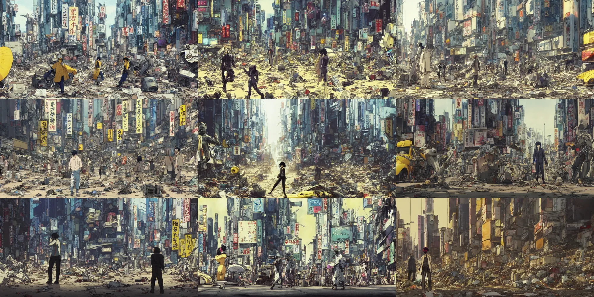 Prompt: incredible wide screenshot, ultrawide, simple watercolor, watercolor paper, rough paper texture ,masamune shirow ghost in the shell movie, katsuhiro otomo akira movie scene, forced perspective, robot arm reaching out of the grave, people panic in the foreground, litter, vanishing point, looking up, yellow parasol in deserted dusty shinjuku junk town, broken vending machines, dusty ground, dirt, at noon ,bold graphic graffiti, old pawn shop, bright sun bleached ground, mud, fog, dust, windy, scary robot monster lurks in the background, ghost mask, teeth, animatronic, black smoke, pale beige sky, junk tv, texture, shell, brown mud, dust, tangled overhead wires, telephone pole, dusty, dry, pencil marks, genius party,shinjuku, koju morimoto, katsuya terada, masamune shirow, tatsuyuki tanaka hd, 4k, remaster, dynamic camera angle, deep 3 point perspective, fish eye, dynamic scene