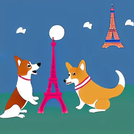 Image similar to illustration of french boy playing football with a corgi wearing a polkadot scarf in front of the eiffel tower