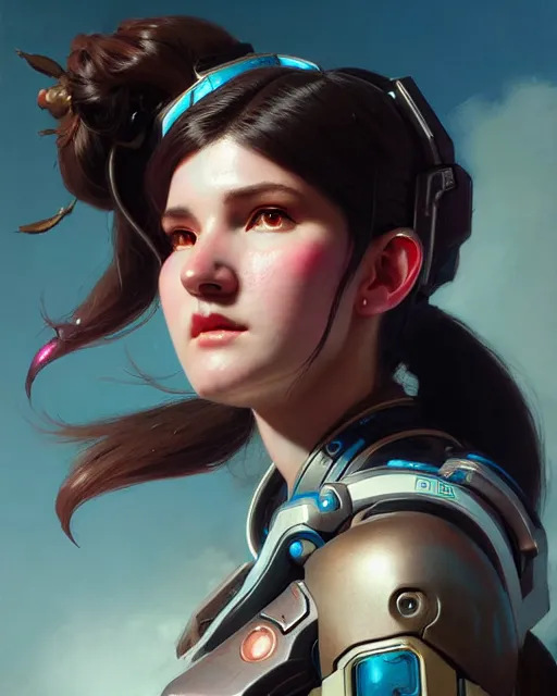 Image similar to d. va from overwatch, character portrait, portrait, close up, concept art, intricate details, highly detailed by greg rutkowski, michael whelan and gustave dore