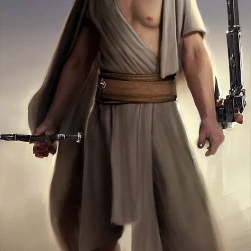 Image similar to a young blonde male jedi with short hair looking away at a threat full body shot concept art by Doug Chiang cinematic concept art, realistic painting, high definition, digital art, matte painting, symmetrical, very detailed, realistic, dramatic lighting, cinematic, establishing shot, extremely high detail, photo realistic, cinematic lighting, post processed, concept art, artstation, matte painting, red color scheme