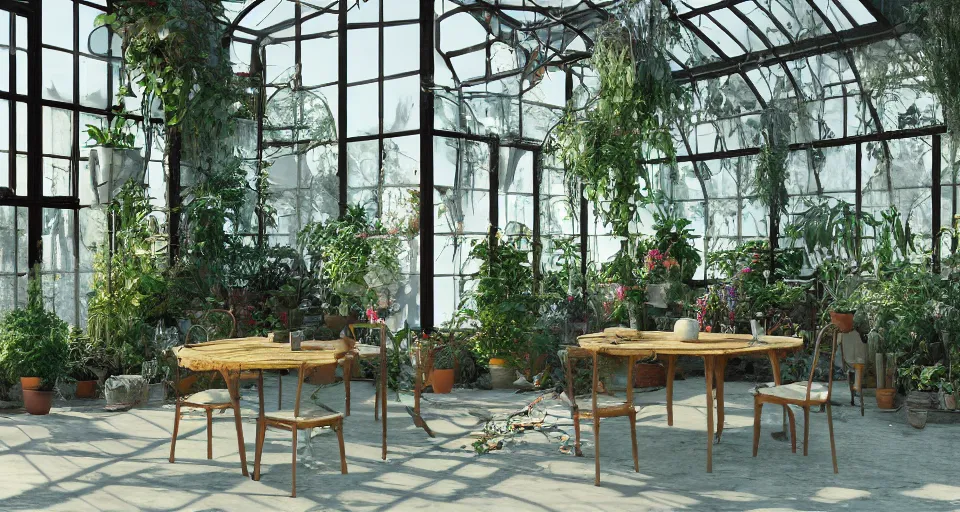 Image similar to night in a broken greenhouse with dead plants, table in the center by Stefan Koidl. octane Render, artstation, wallpaper, volumetric light..