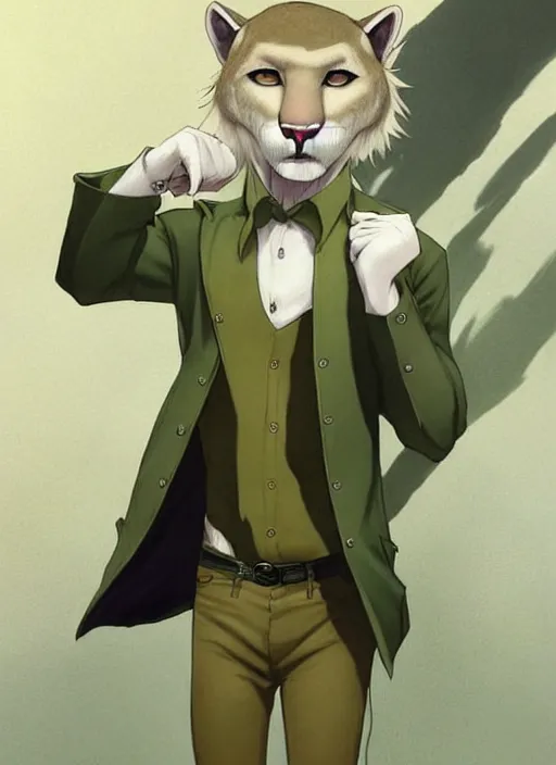 Prompt: beautiful portrait commission of a male furry anthro!!! albino mountain lion wearing a yellow dress shirt, olive green slacks, and suspenders. Atmospheric. Character design by charlie bowater, ross tran, artgerm, and makoto shinkai, detailed, inked, western comic book art