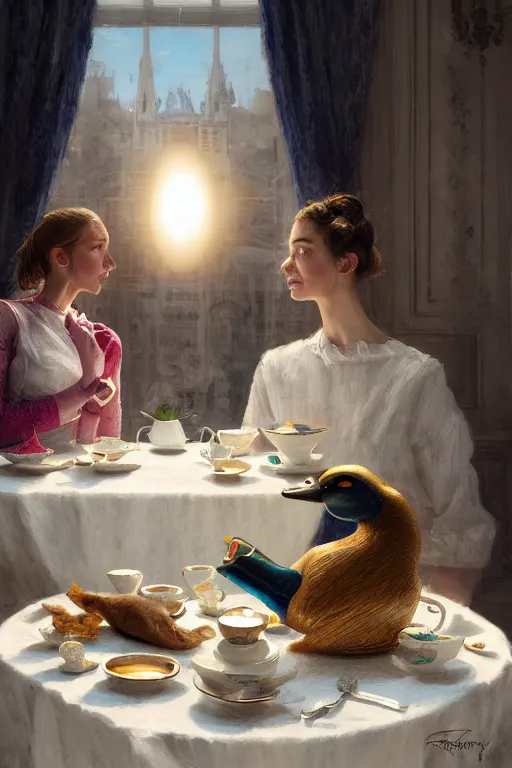 Prompt: a mallard and a pig having tea at the ritz, anatomy, bathed in light, highly detailed, photorealistic, artstation, smooth, sharp focus, illustration, unreal engine 5, 8 k, art by artgerm and greg rutkowski and edgar maxence