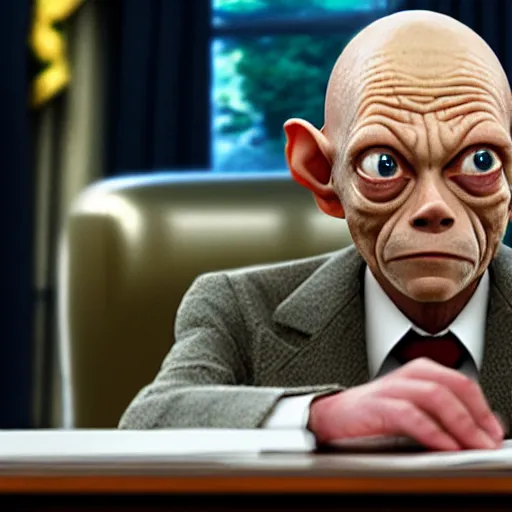 Image similar to president gollum giving a speech in the oval office