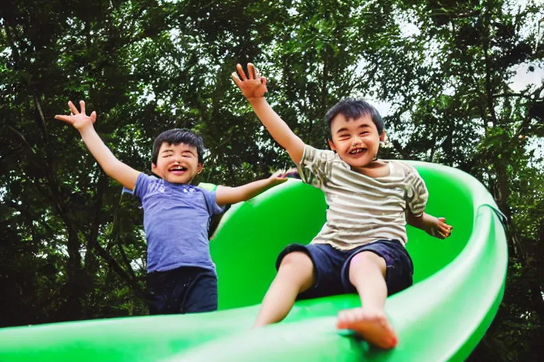 Image similar to photo of grogu going down a slide at a children’s playground, his arms are in the air and he’s smiling, shallow depth of field, Nikon 50mm f/1.8G,