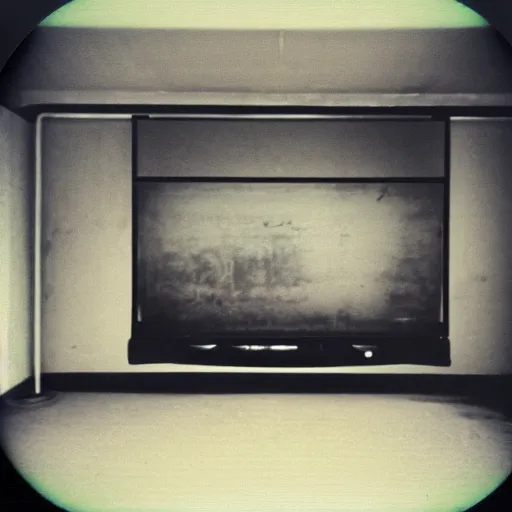 Image similar to dark concrete room with a tv on the ground, the tv has a face obscured by static on a dark background, creepy, eerie, old polaroid, expired film,