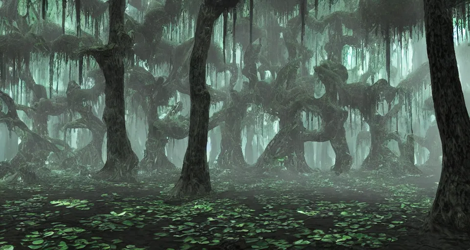 Image similar to A dense and dark enchanted forest with a swamp, from FF7