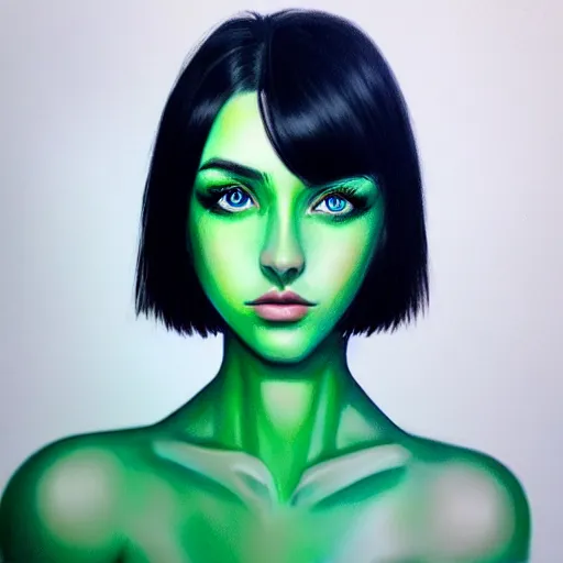 Image similar to photorealistic portrait of beautiful toxic girl, black hair, blue eyes, smooth face, perfect eyes, half body shot, elegant, realistic, glowing skin, detailed face, green colours, sharp focus